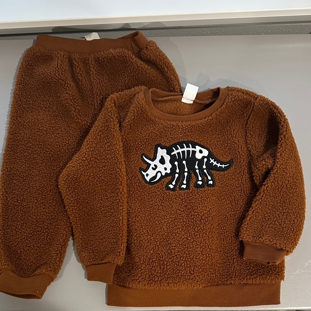 Brown Sherpa Kids Sweatshirt and Pants Set with Dino Skeleton Patch
